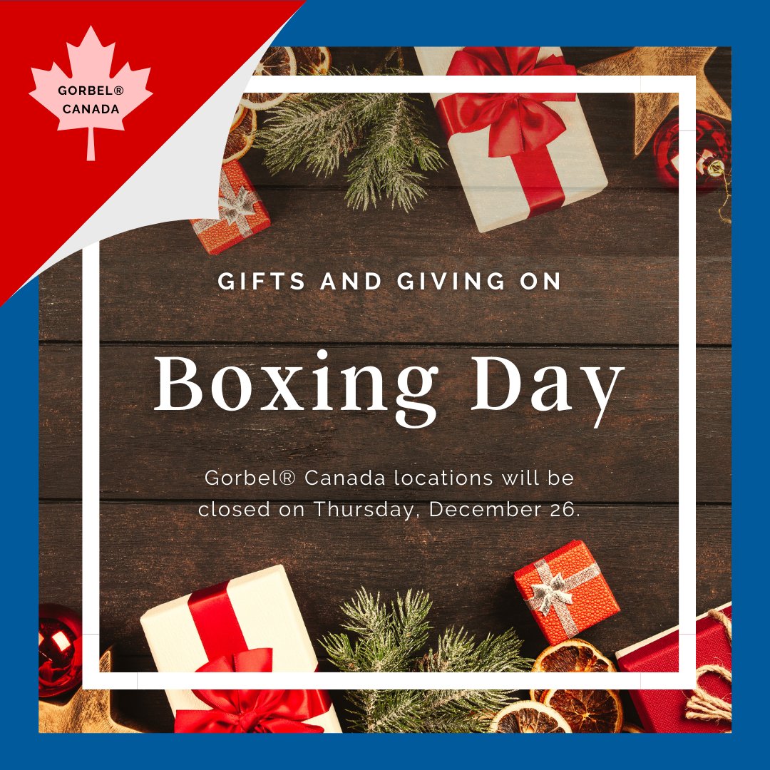May your Boxing Day be like a perfectly wrapped gift! Gorbel® Canada locations will be closed on Thursday, December 26. 

#Gorbel #HappyBoxingDay #Closure #HolidaySeason #Cheer
