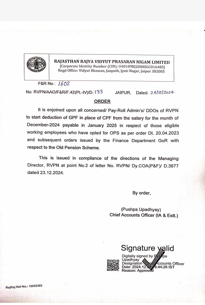 F&amp;R 1602 : Regarding deduction of GPF in place of CPF from the salary of month of December 2024 payable in January 2025