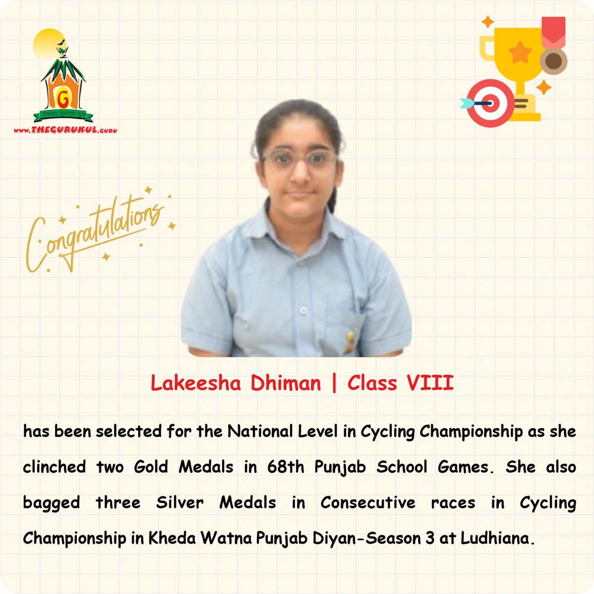 Congratulations to Lakeesha Dhiman (VIII) who has been selected for the National Level in #CyclingChampionship as she clinched #2GoldMedals in 68th #PunjabSchoolGames. She also bagged #3SilverMedals in consecutive races in #Cycling Championship in #KhedaWatnaPunjabDiyan.