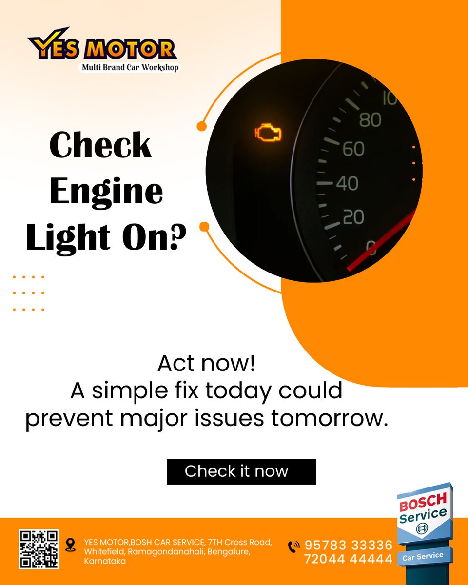 bosch_yes64820's tweet photo. 🚨 Check Engine Light On? 🚗
Don't ignore it! A quick check today can save you from costly repairs tomorrow.
🔧 Act now—schedule your service at Yes Motor and drive with peace of mind!
#CheckEngineLight #CarCare #YesMotorBosch #MultiBrandCarServicesInBangalore https://t.co/p6Gg0xWqhI