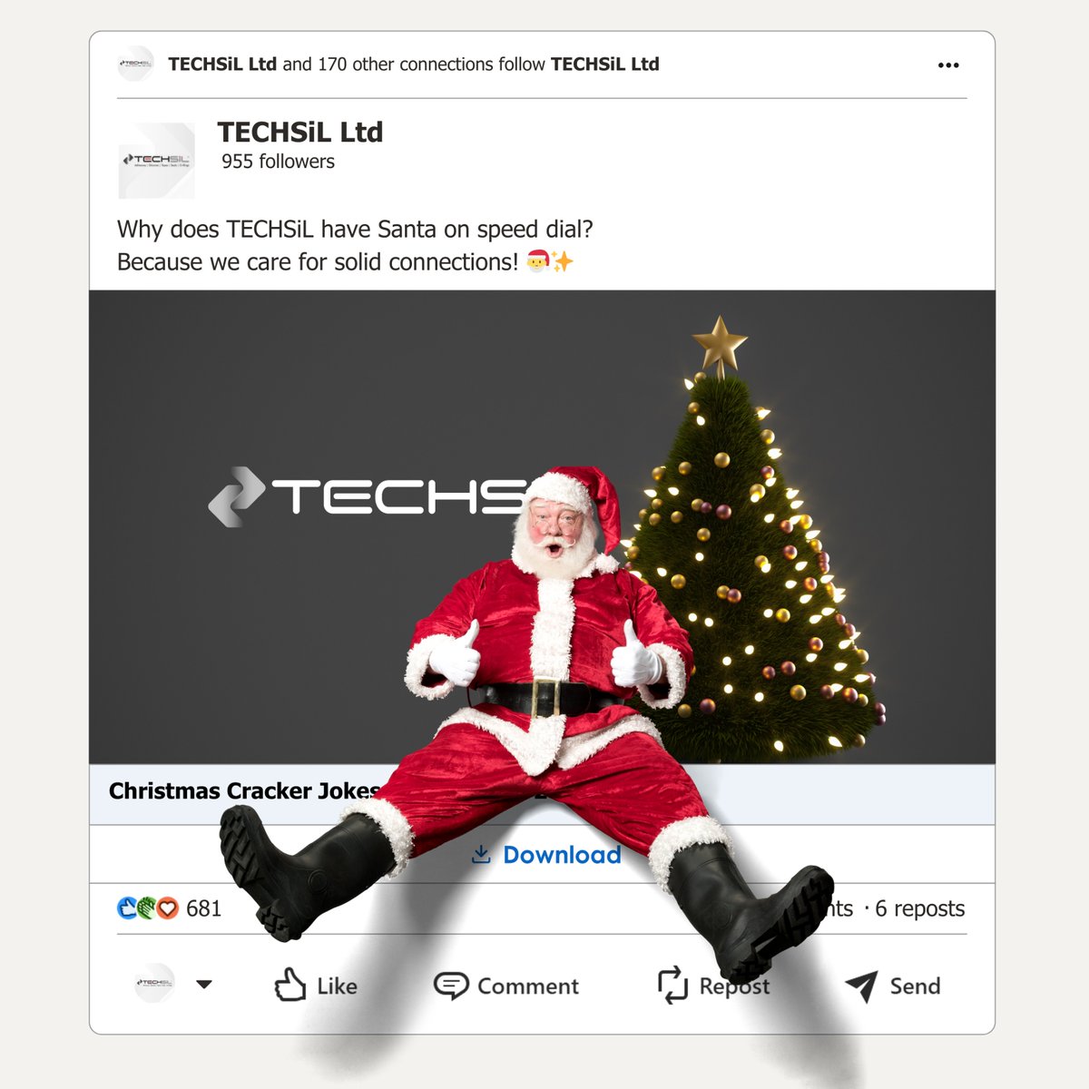 Techsil's tweet image. Why does TECHSiL have Santa on speed dial?
Because we care for solid connections! 🎅✨
🌐techsil.co.uk
#christmacountdown #TECHSiL #christmasjokes