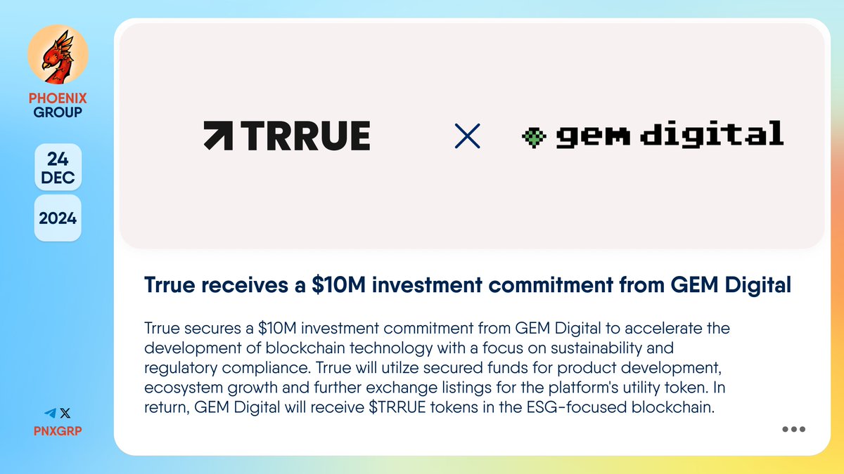 🔥 @Trrueio receives a $10M investment commitment from GEM Digital #Trrue  secures a $10M investment commitment from #GEMDigital to accelerate the  development of blockchain technology with a focus on sustainability and  regulatory