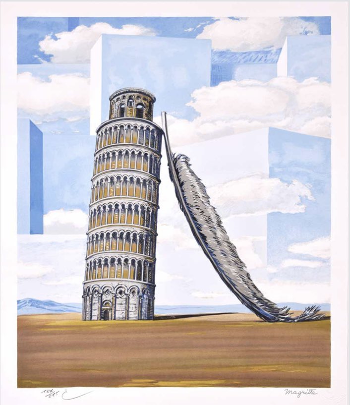 Entre tantos llamamientos a la fiesta y la euforia, pienso en esas personas que al llegar la Navidad sienten que se desploman como la Torre de Pisa de Magritte, solo sostenida por una pluma.

🎨 René Magritte, Recuerdo de un viaje (1955)