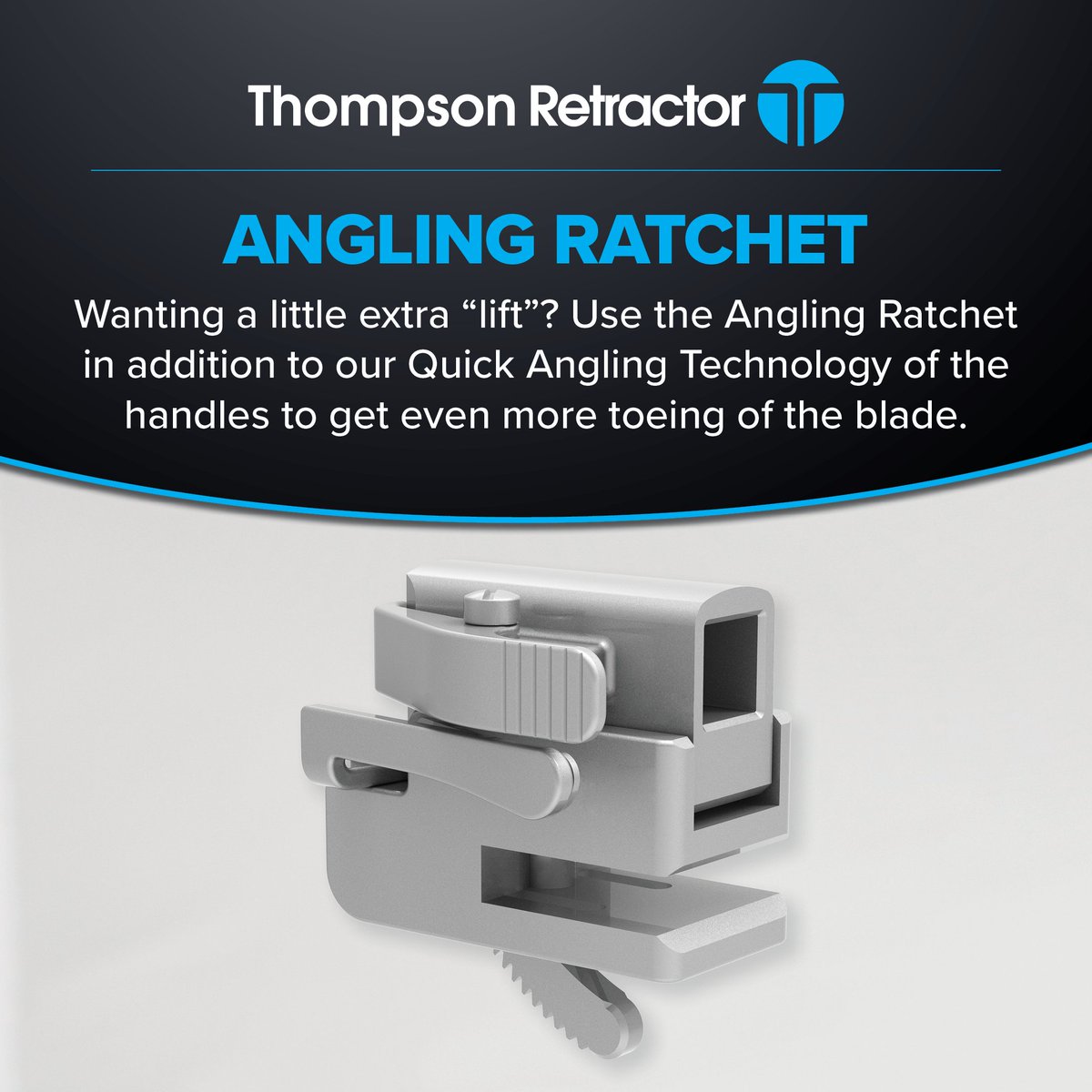 ThompsonRetract's tweet image. Need a little extra “lift” during retraction? Pair the Angling Ratchet with our Quick Angling Technology to fine-tune your blade positioning. This combo offers unparalleled control for precise toeing of the blade when you need it most. 

#SurgicalTips #ThompsonRetractor