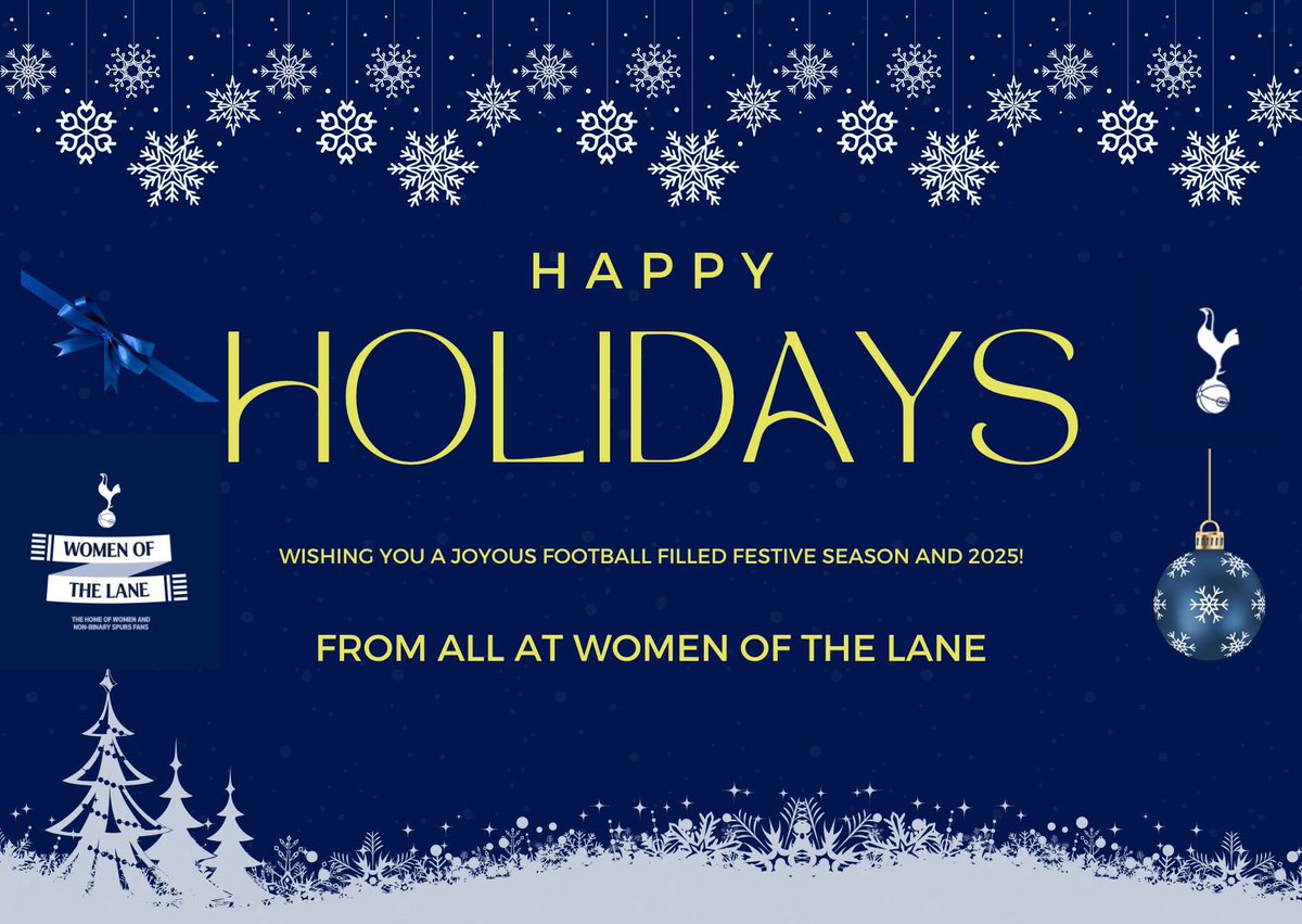 Women of The Lane (@womenofthelane) on Twitter photo Happy holidays to our wonderful Women of the Lane members and our wider <a href="/SpursOfficial/">Tottenham Hotspur</a> family!
Big love everyone. Have a restful break. Until the Boxing Day fixtures at least 😉🤍💙 Happy holidays to our wonderful Women of the Lane members and our wider <a href="/SpursOfficial/">Tottenham Hotspur</a> family!
Big love everyone. Have a restful break. Until the Boxing Day fixtures at least 😉🤍💙
