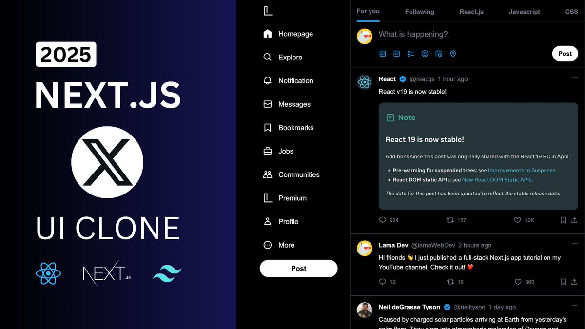 lamaWebDev's tweet image. Hi friends 👋
Today, we’re starting an exciting full-stack project: Next.js X Clone! 🔥
In this first part, we’ll focus on designing the application using responsive React components and Tailwind CSS. 🌆
In the next tutorial, we’ll dive into creating a database and…