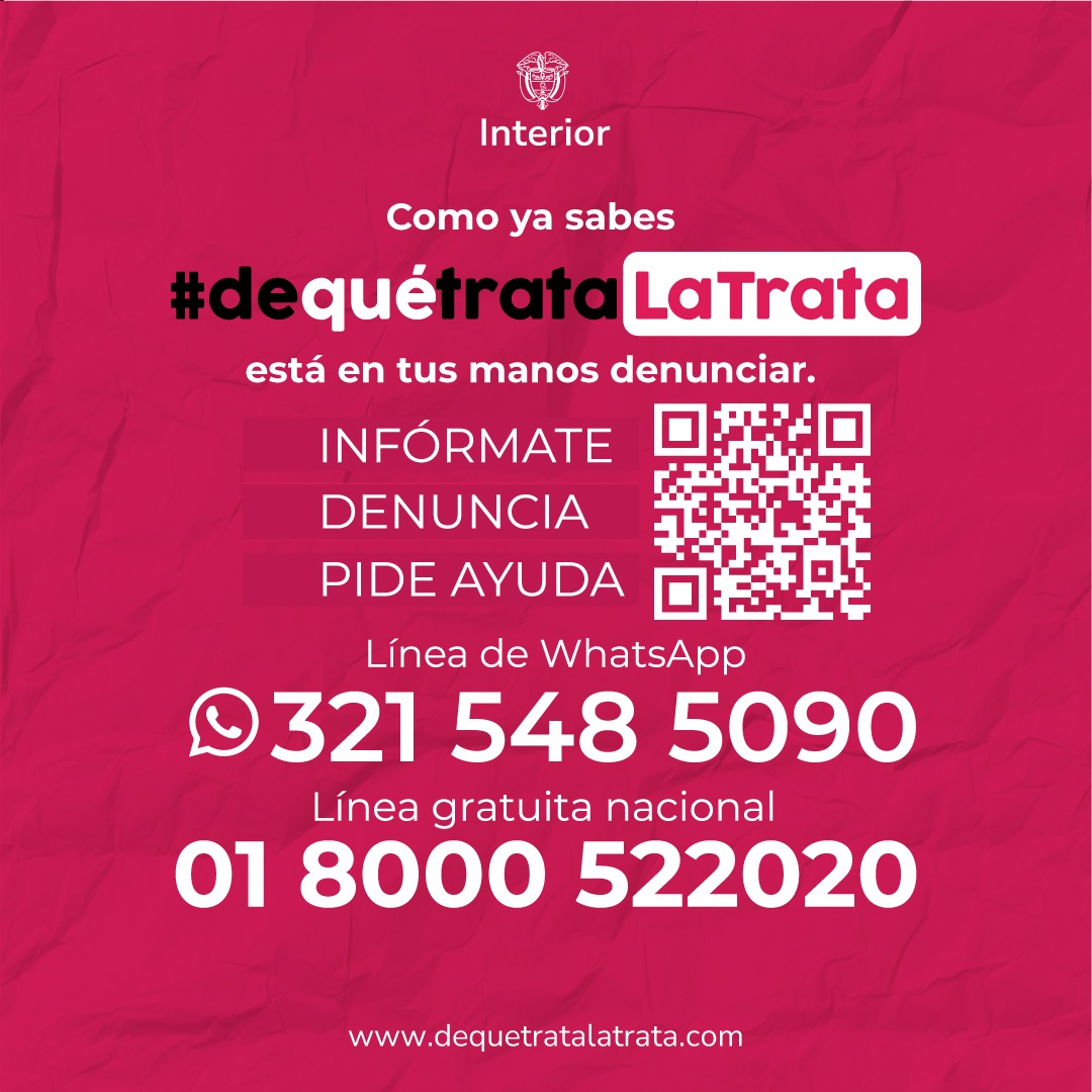 MinInterior's tweet photo. #DeQuéTrataLaTrata | En Colombia, se han identificado más de 296 víctimas de trata con fines de explotación sexual. Si eres víctima, denuncia a través de nuestros canales: Línea de WhatsApp: 321 548 5090 Línea gratuita nacional: 018000 522 020

*Cifra actualizada 18 de diciembre de 2024.