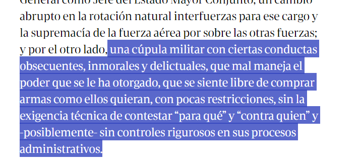 nicpromanzio's tweet photo. No me entra en la cabeza como Clarin permite que se publiquen notas editoriales que sean TAN basura. Voy a pasar a desmentir CADA UNO de los puntos de esta nota, comencemos:

El autor plantea descaradamente un supuesto dilema donde se pone en duda la institucionalidad democrática de las fuerzas. Primer párrafo y ya comienza a denostar la voluntad de institucionalidad de nuestras tropas.

Además, habla de las FFAA de La Libertad Avanza o del "ciudadano Javier Milei", en un intento burdo de hacer creer al lector que Milei es solamente un ciudadano y no es en este momento el Jefe de Estado, Jefe de Gobierno y Comandante en Jefe de las FFAA. Malintencionado de mínima.

Ni hablar de la inconcistencia total en el criterio para analizar a los profesionales que están al frente de las fuerzas. Quitando a Mengo, quién fue automáticamente eyectado cuando se conoció su acto de corrupción, el autor con mucha mala leche atina contra la conducción de las Fuerzas Armadas por "inmoralidad". 
Sobre la parte de sentirse libres "de comprar armas como ellos quieran, con pocas restricciones" y "sin controles rigurosos en los procesos administrativos", ahora te explico punto por punto por qué estás equivocado Ricardo Runza:

Nadie compra sistemas de armas sin un correspondiente análisis de equipos técnicos militares y civiles sobre factibilidades operativas, logísticas, presupuestarias, contractuales, etc. Eso se realiza previo a la elevación de un BAPIN que pasa por la aprobación de otro sector del Estado Nacional antes de volver al MinDef con luz verde. Además, el MEcon interviene sobre las habilitaciones presupuestarias o autorizaciones de crédito. En todo el proceso el punto de partida es la necesidad de recuperar o incorporar dicha capacidad, lo que responde el por qué y para qué. Los procesos administrativos conllevan expedientes de cientos de páginas donde está absolutamente todo contemplado. Pero hablar al pedo es gratis.

Como si fuera poco las animaladas que escribe este redactor, evidentemente le inquieta el proceso de revalorización del rol de las FFAA y de reequipamiento que está emprendiendo la actual administración. Pide tecnócratas pero no pide nada en concreto. Además, respecto al márgen de tolerancia de corrupción, es evidente que quiénes están al frente del Libertador no dejan pasar ni una.

Yo me pregunto, Ricardo Runza, ¿cuál es tu propuesta de política de defensa para el país? Decís ser un especialista en seguridad y defensa y a duras penas habrás pisado dos cuarteles en tu vida. Ingresaste como profesional pero se ve que no aprendiste nada adentro. Menos asesorando a la terrorista Nilda Garré.

Ya adentrado en la nota, deja muy en claro el autor que está apuntalado políticamente y tiene letra de Juan Martín Paleo. Es un boludón grande que opera para Paleo y el general "berrinche" Berredo.

Para finalizar esto y no hacerles perder más el tiempo, voy con las últimas reflexiones:

La adscripción de las FFAA no es al partido gobernante, es una adscripción a una política de defensa seria que vuelve a darle importancia a los militares después de 4 décadas de destrato institucional y revanchismo de los terroristas que pusieron al frente de su gestión política. Las FFAA valoran que finalmente un gobierno les reconozca el rol fundamental que cumplen en la sociedad, en la Defensa Nacional y en la Política Exterior.

Lo de pintar a los militares de ricachones bajo la premisa "sociedad pobre - FFAA ricas" es mentirle de una manera absurda a los lectores, sabiendo que los sueldos son peores que en cualquier otro sector económico y que los aumentos son casi a la par que los de ATE.

Lo único que tiene de verdad el artículo es que las FFAA tienen una alta imagen postiva. El resto es pura basura. Una opereta del tamaño de una montaña. Desinformación con el objetivo de dañar a las FFAA. Habla del "Partido Militar", este tipo es anacrónico 100%.

Un caro operador de Paleo, "berrinche" Berredo y la rungla que gobernó nuestro país por 20 años. Un titere de la terrorista Garré que no tiene nada mejor que hacer para terminar el año que ensuciar a nuestras FFAA.