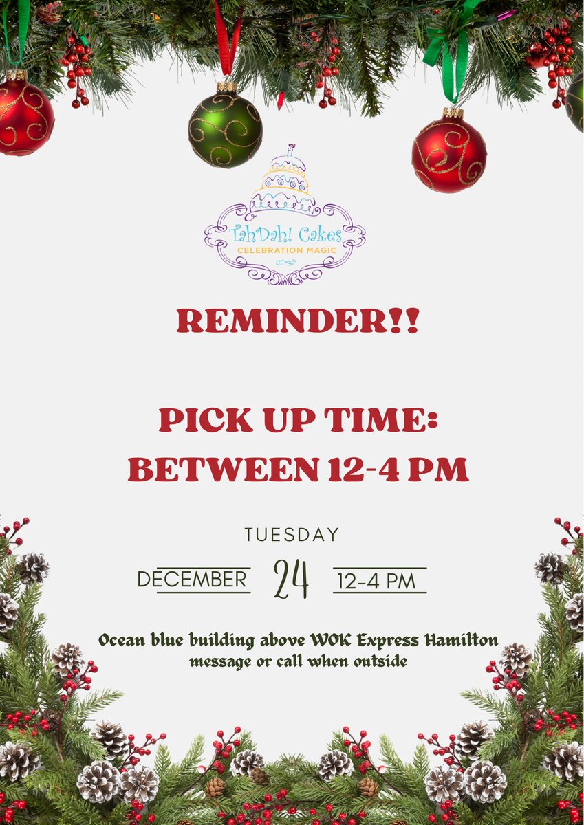 PuddasMaDee's tweet photo. Orders ready for pick up.
Please be considerate of the time today! Thank you‼️
Have a fabulous Holiday All!
Thanks to everyone that supported @TahdahB 🙏🏾
#TahDahCakesBda👩🏾🍳🎂🇧🇲
#CelebrationMagic🎉🪄
#Happy Holidays🎄 https://t.co/TpCJ6gB8z7