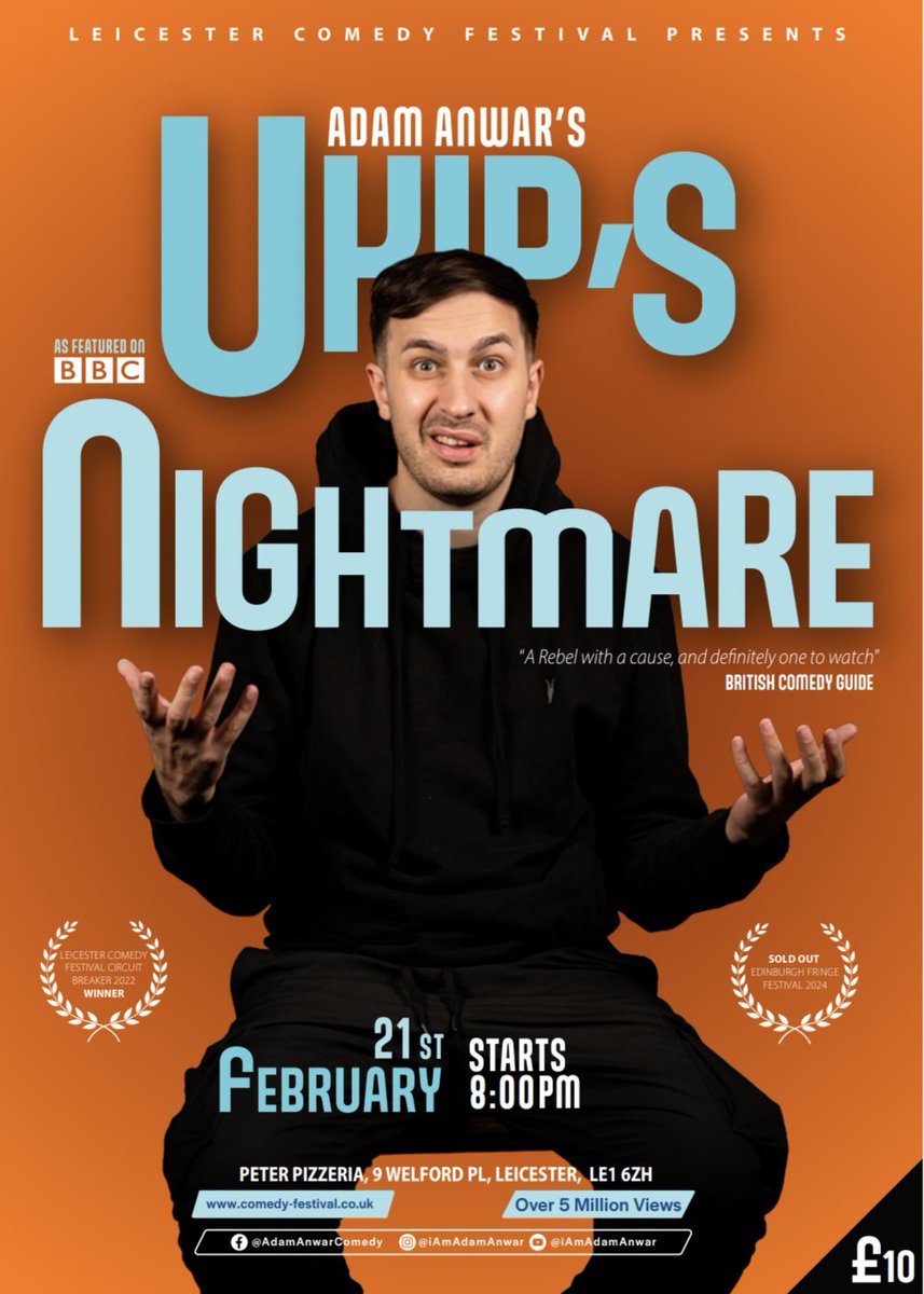 IAmAdamAnwar's tweet image. 🚨 Leicester 🚨

What happens when a 🇵🇰 Pakistani man marries a 🇵🇱 Polish woman?

Find out when I bring my debut solo stand-up comedy show, UKIP&apos;s Nightmare to @LeicsComedyFest 2025

🗓️ 21/02/2025
📍Peter Pizzeria, Leicester 
⏰ 8pm
🎟️ £10

🖌️ poster by Matthew Downey