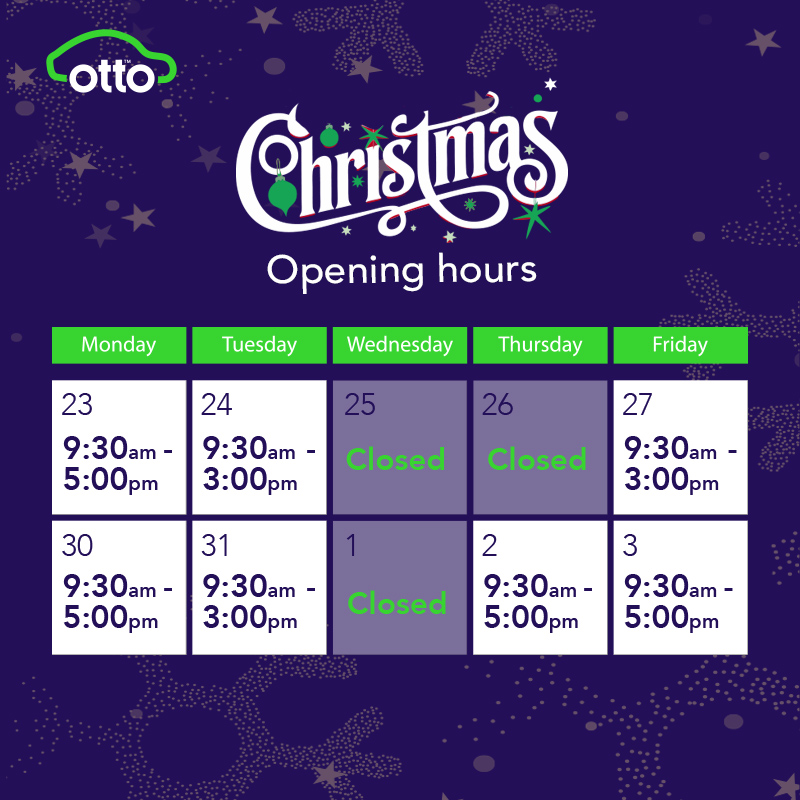 The festive season is here, and at Otto Car, we're committed to supporting you during the holidays. 🎄✨

Here are our contactable hours over Christmas and New Year.

For more information, read our blog post: ottocar.info/4gRjIsw