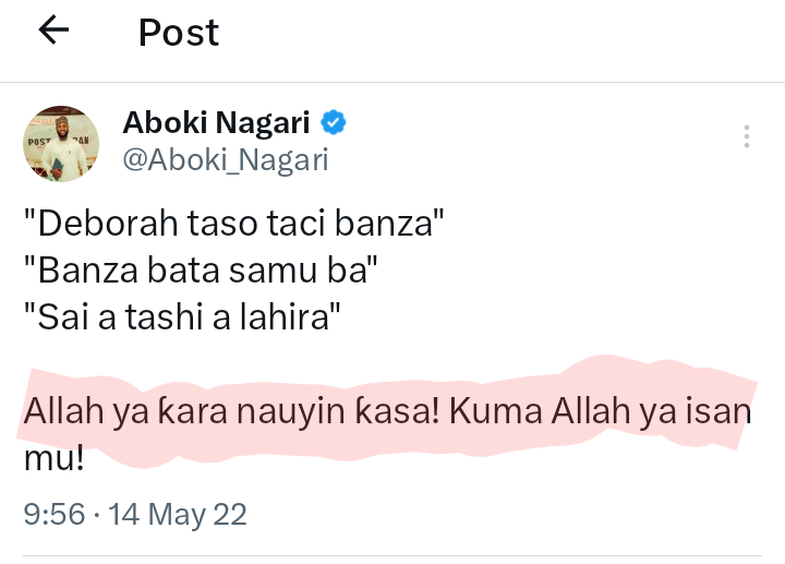 " 'Deborah wanted to eat her cake and have it'
'She failed at it'
'She's waking up in hell'
(A mockery song)

May God add to the weight of the soil covering her grave..."
                                - <a href="/Aboki_Nagari/">Aboki Nagari</a> 

Yet you claim, "Ni dai babu abin da ya hada ni da kisan