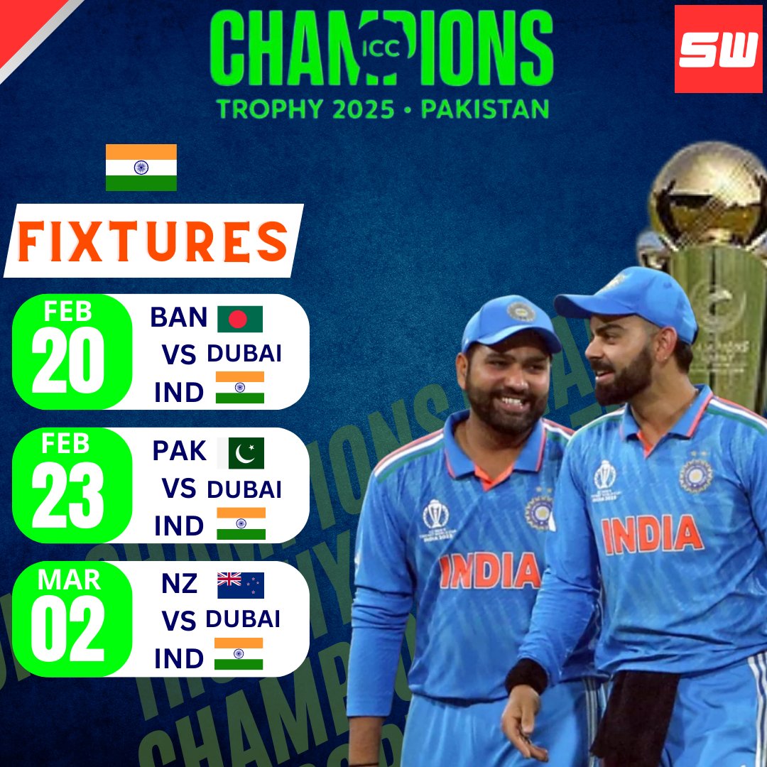 mysportswiz's tweet photo. FIXTURE ANNOUNCED !!
 
India team will fight with Bangladesh, New Zealand and Pakistan in the ICC Champions Trophy-2025 series with full energy.

https://t.co/kCz3JZ039T

#ChampionsTrophy2025 #MohammadShami #ManuBhaker #MerryChristmas #HarleenDeol #Dubai #Santa #KhelRatna #Hobi #IndiavPakistan #NeerajChopra #Embiid #Sportswiz