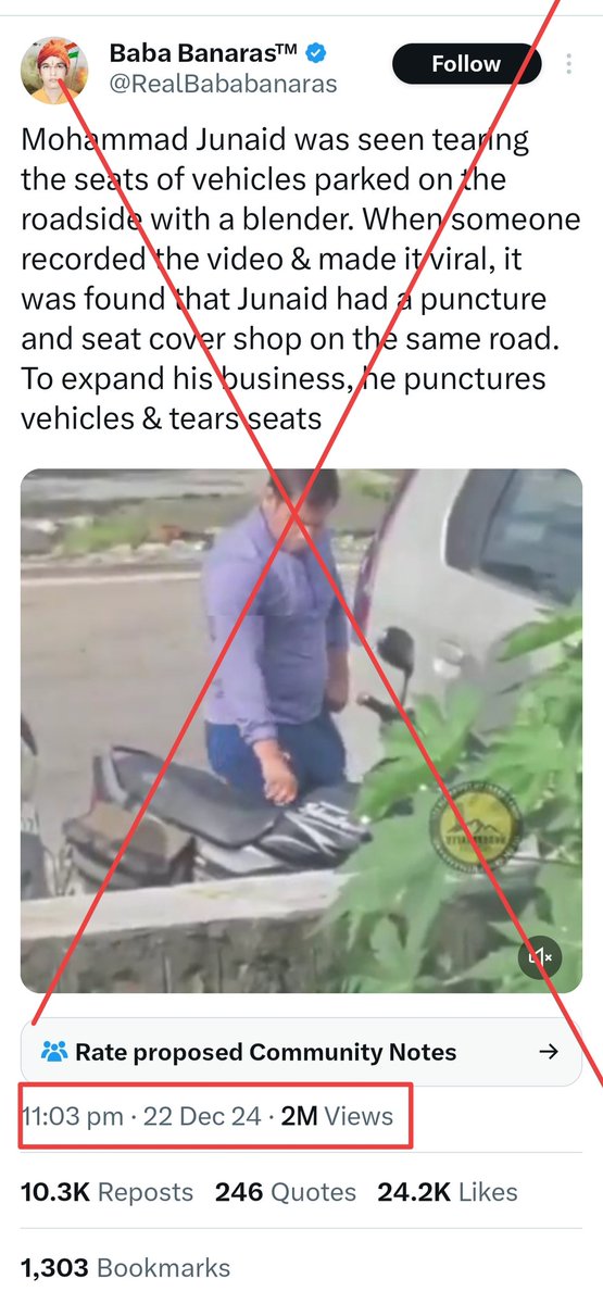 zoo_bear's tweet photo. This misleading tweet by @RealBababanaras targeting Muslim community has more than 2M views. 
Fact: The man in the video is not Junaid but it was Dheeraj Aggarrwal who was caught tearing bike covers due to a parking dispute.  @boomlive_in fact check: https://t.co/oHY7cVXKpD https://t.co/8MlDBb3Cxx