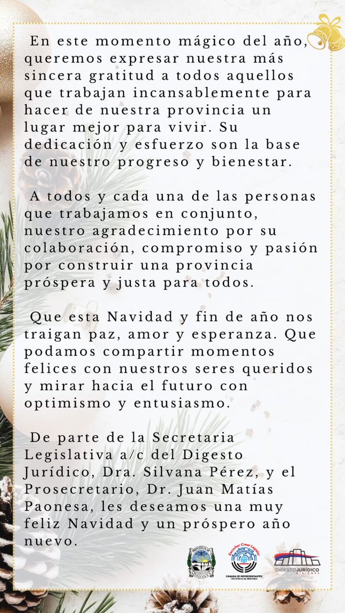 Que esta Navidad y fin de año nos traigan paz, amor y esperanza. Que podamos compartir momentos felices con nuestros seres queridos y mirar hacia el futuro con optimismo y entusiasmo.
