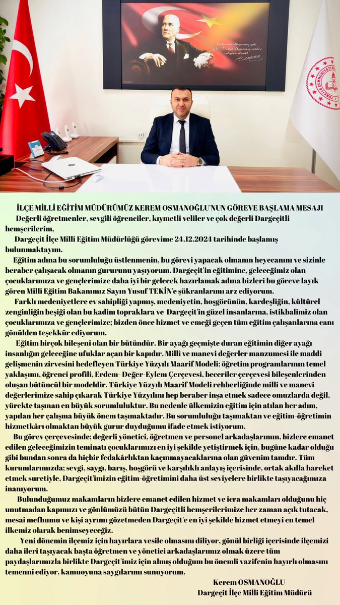 Dargecit_MEM's tweet photo. 📍İlçe Milli Eğitim Müdürümüz Kerem Osmanoğlu’nun göreve başlama mesajı.
@Yusuf__Tekin 
@ali_eyyupkoca 
@menesipek https://t.co/zPfVdxQ0Be