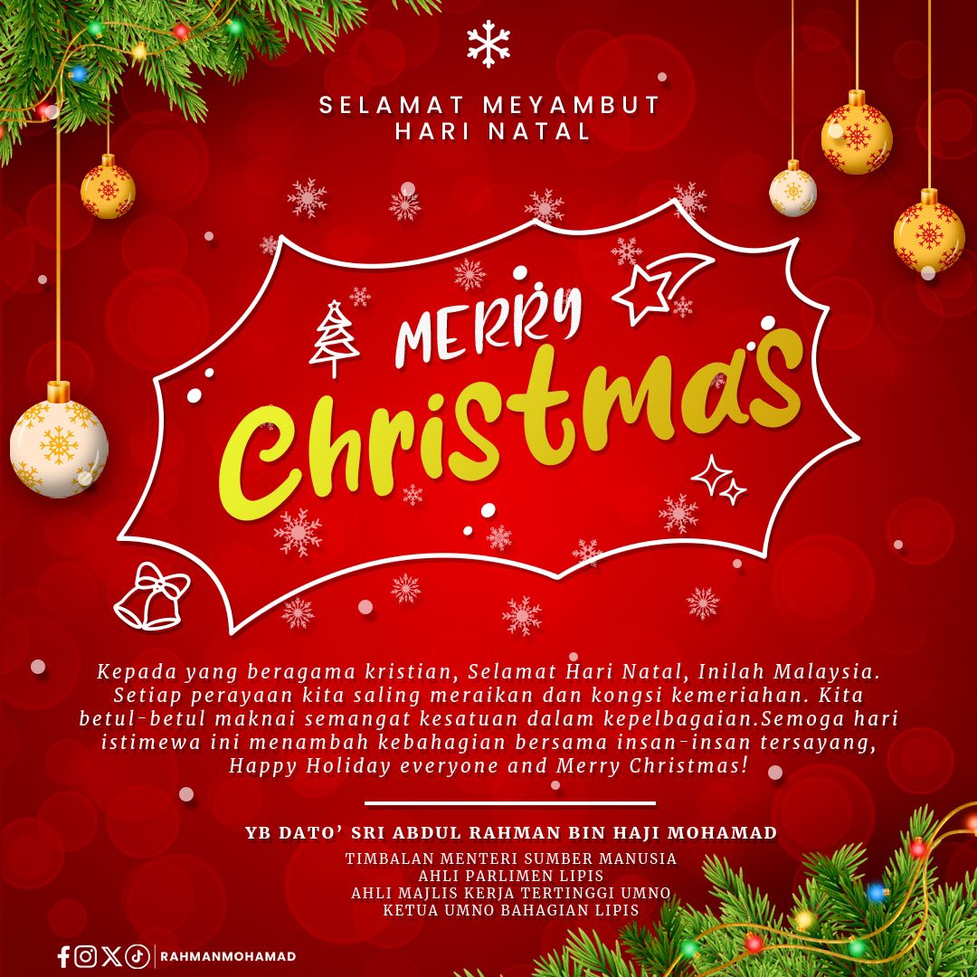 Hari Krismas membawa keceriaan kepada semua yang meraikannya, termasuk di Malaysia. Perayaan ini mencerminkan keindahan kepelbagaian budaya yang menjadi asas perpaduan dan keharmonian negara. Semoga Krismas mengeratkan hubungan dengan insan tersayang. Selamat Hari Krismas!