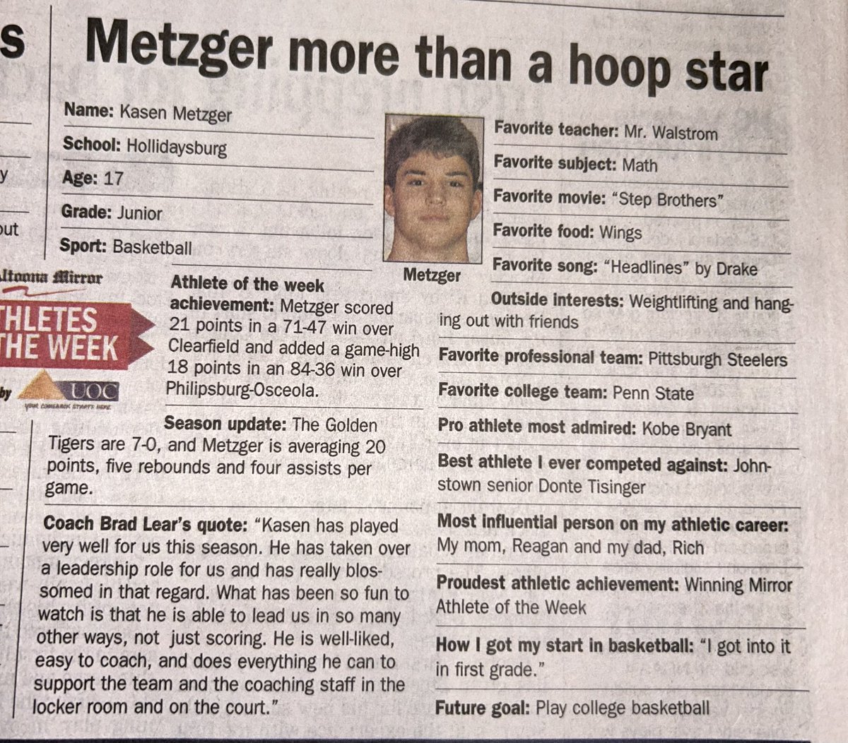 kmetz21's tweet photo. Thank you @AltoonaMirrorPA for naming me athlete of the week. https://t.co/RNKMJmUN8T