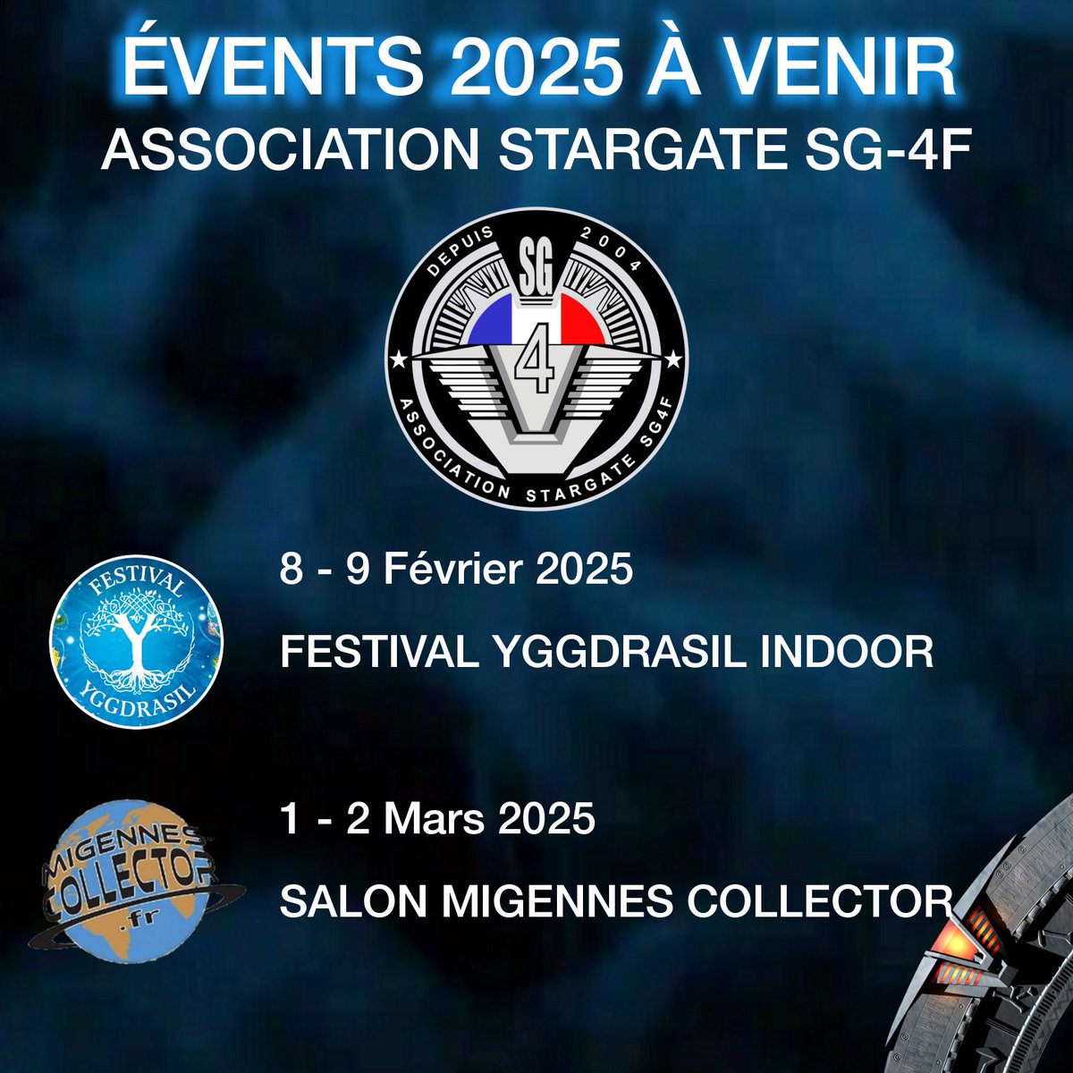stargate_sg4f's tweet photo. Voici les 2 premiers stands #SG4F de l'année 2025 :
✅ 8/9 février : #YggdrassilLyon
✅ 1/2 mars : #migennescollector
Nous invitons tous les cosplayeurs et associations SG à nous rejoindre. Nous avons hâtes de vous revoir les amis !
#stargate #stargatesg1 #wewantstargate https://t.co/UfmAHBpvMj