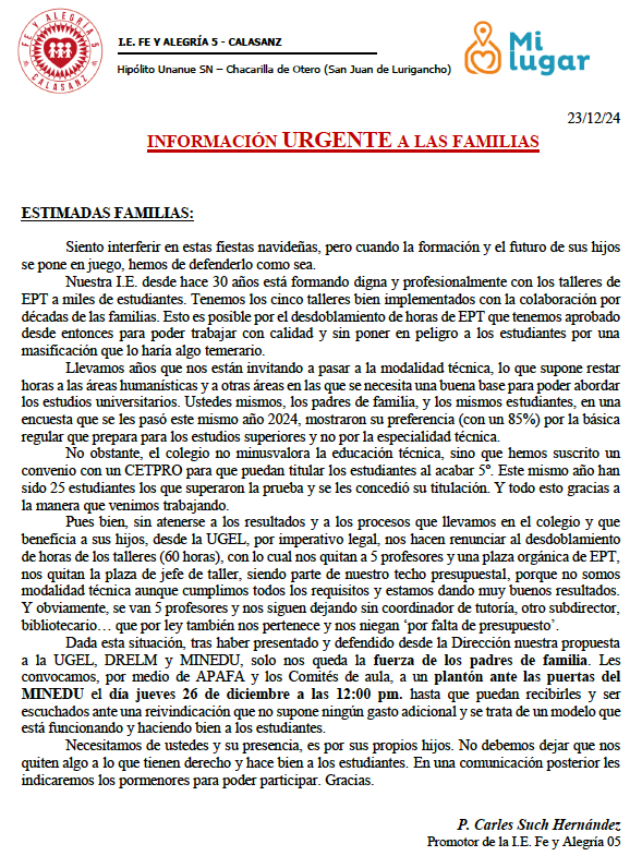 Nuevamente otro atropello sin sentido por parte de la <a href="/Ugel05_oficial/">UGEL 05 Oficial</a> <a href="/drelm_lima/">DRELM</a> <a href="/MineduPeru/">Ministerio de Educación</a> 
¿Por qué se impone la norma por encima del bien superior del menor y de la realidad que habla de éxito y trabajo bien hecho?
facebook.com/feyalegria5fac…