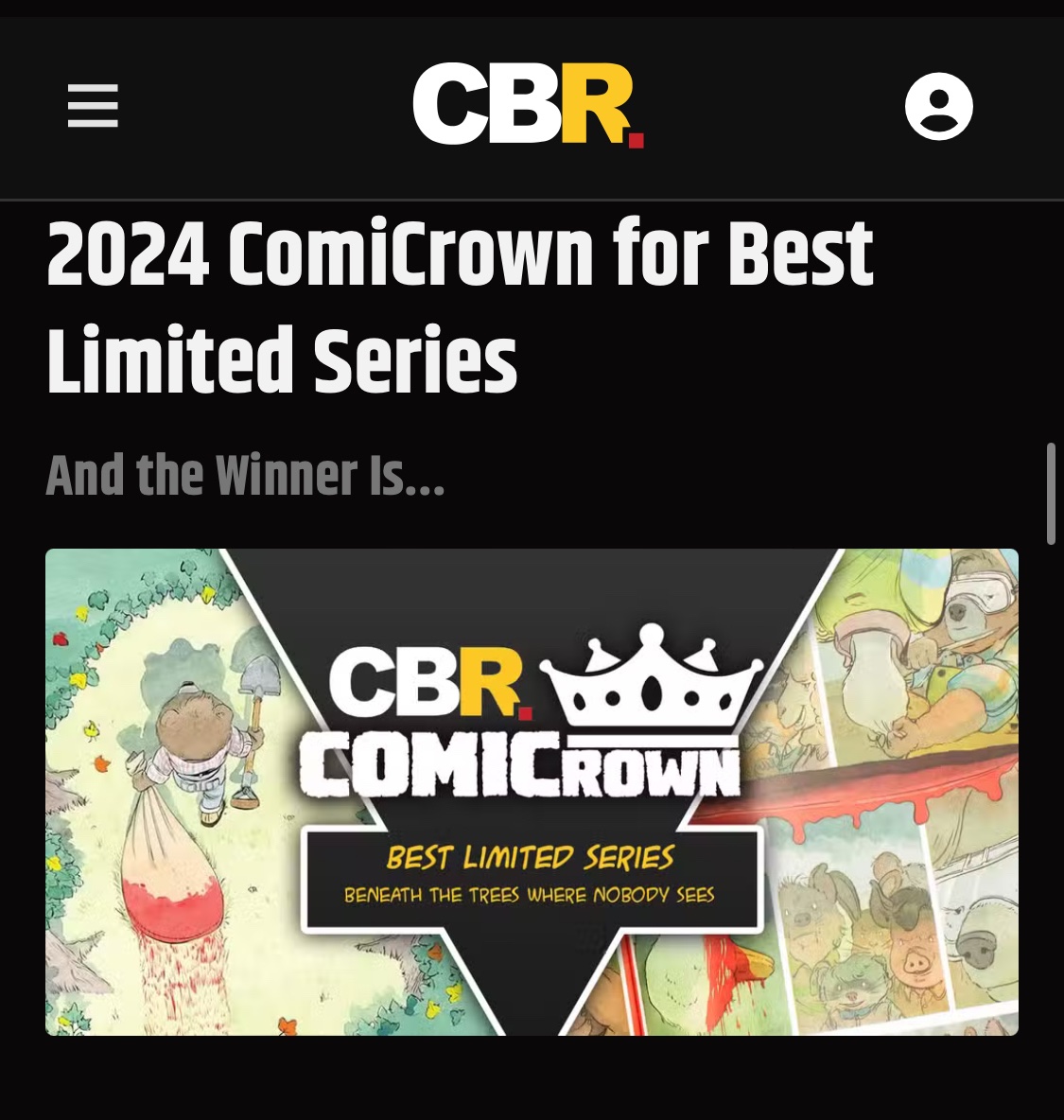 Congrats to <a href="/PatrickHorvath/">Patrick Horvath</a> for winning “Best Limited Series” in <a href="/CBR/">CBR</a>’s ComiCrown Awards!

Friendly reminder that the collected edition of BENEATH THE TREES WHERE NOBODY SEES is on sale now and the sequel, RITE OF SPRING, arrives in 2025.

Full article:
cbr.com/2024-cbr-comic…