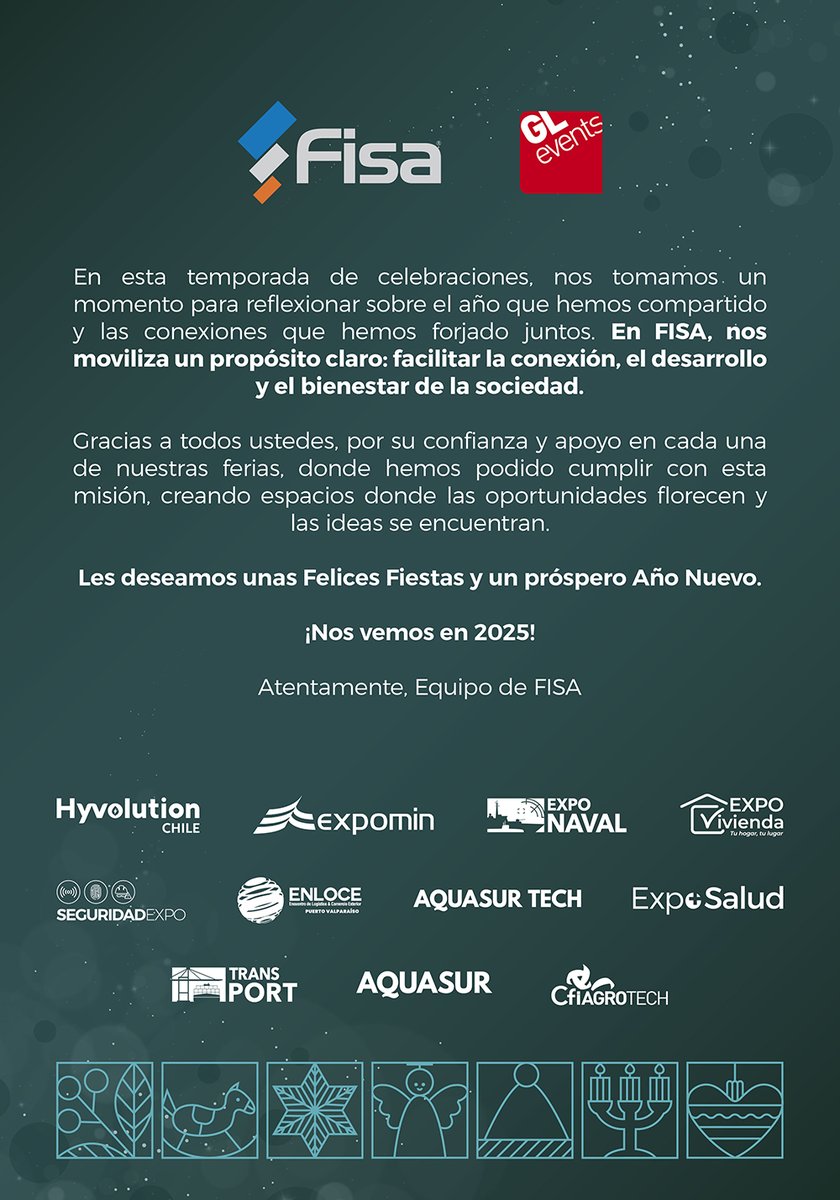 TransPort_Chile's tweet photo. ¡Gracias por este gran 2024! Agradecemos confianza y apoyo brindado durante este año. 🎉

Desde @FISA_Oficial, organizador de @TransPort_Chile, trabajamos con propósito y creando espacios donde oportunidades e ideas fluyen.

¡Felices Fiestas y próspero Año Nuevo! 🎄🥂 https://t.co/gIz6fcB17Y