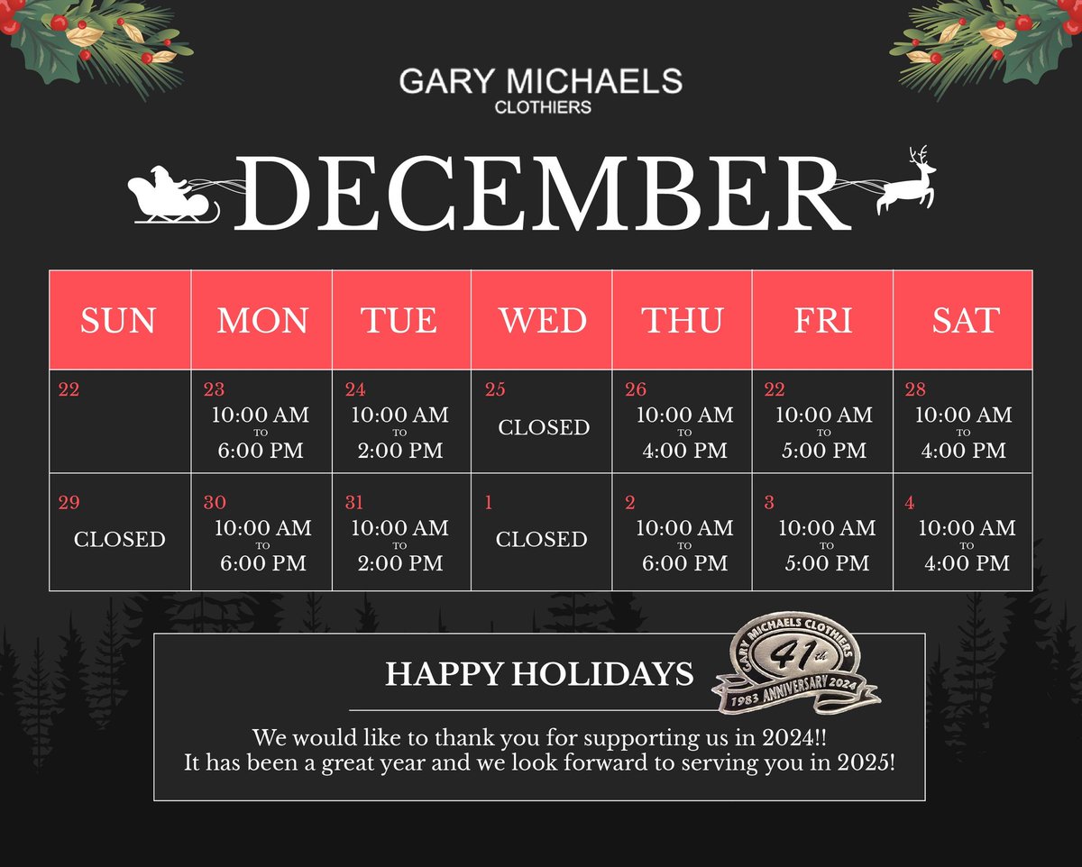 Gary Michael's Clothiers (@garymichaelsclo) on Twitter photo We are open today 10-2 for those last minute gifts! A <a href="/garymichaelsclo/">Gary Michael's Clothiers</a> gift card is a great idea!
Merry Christmas! We are open today 10-2 for those last minute gifts! A <a href="/garymichaelsclo/">Gary Michael's Clothiers</a> gift card is a great idea!
Merry Christmas!