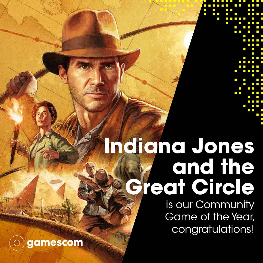 gamescom's tweet photo. Our community has spoken! 🤩
Indiana Jones and the Great Circle has officially won our 2024 GOTY Tournament! 🤠 🏆  
Congratulations Dr. Jones and happy holidays to you all! 🎄 
@bethesda_de @XboxGamePass https://t.co/Gh5DVUgln4