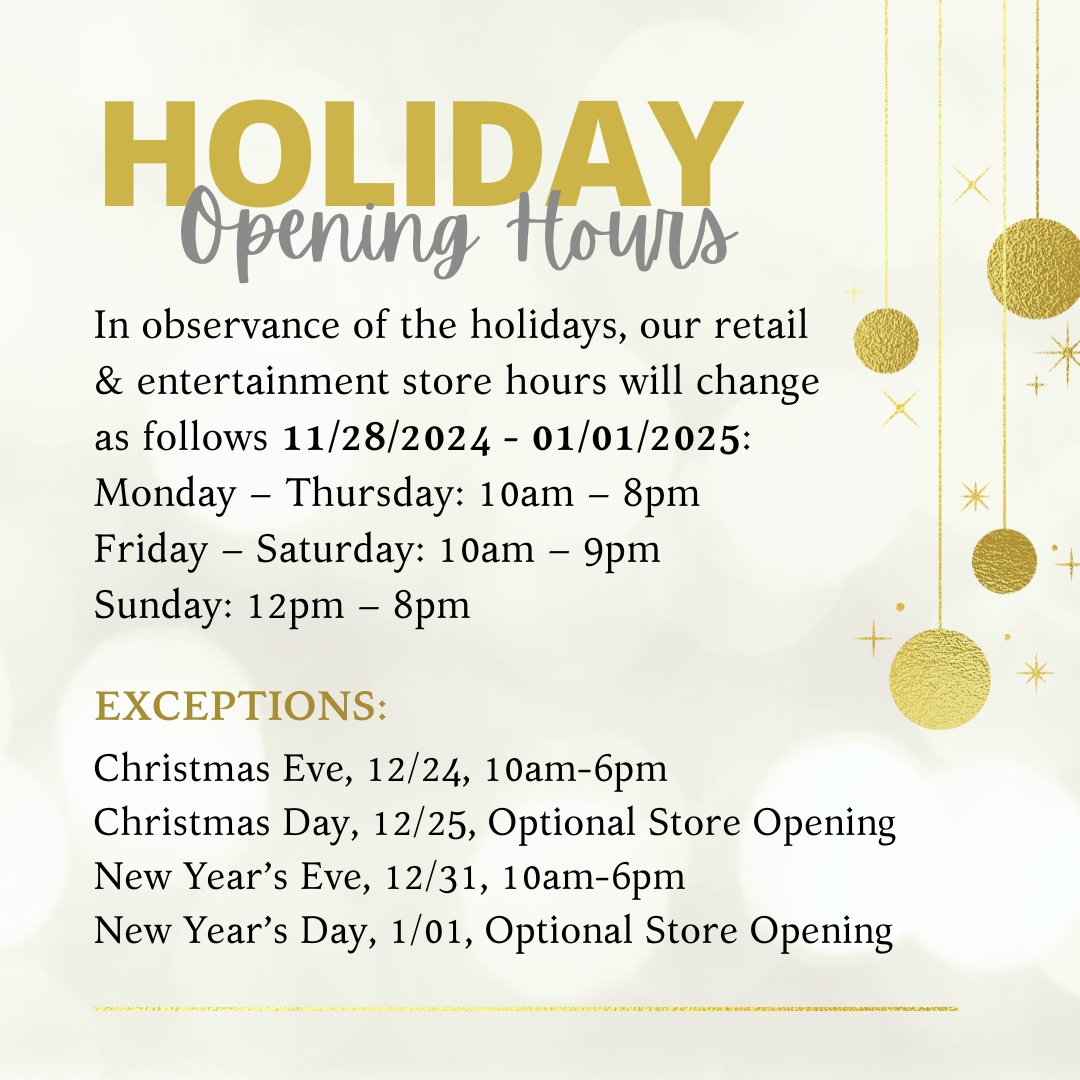 Don't miss out on holiday shopping! 🎁 See our special holiday hours below or visit shoprivercenter.com/contact-us. We look forward to seeing you! ⭐