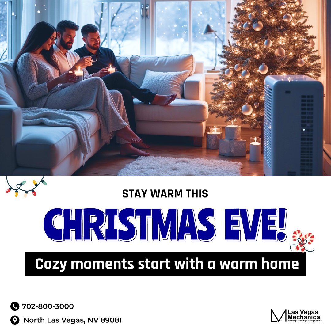 LVMechanical's tweet image. As the snow falls outside, let the warmth inside be a reminder of the love we share. Merry Christmas Eve to all! Stay warm with LVM—call 📞 Call 702-800-3000 for reliable HVAC services!

#WarmHome #ChristmasEveCheer #FamilyAndComfort