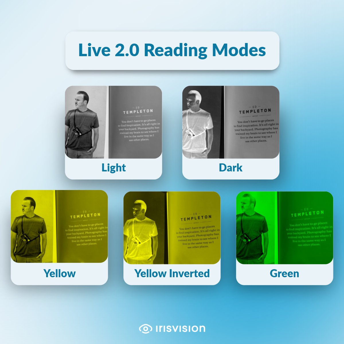 Live 2.0 offers five specialized reading modes. Experiment with each option to find the color filter that works best for your vision and comfort. You can also customize the brightness and contrast to further enhance your reading experience.

#IrisVision #LowVision