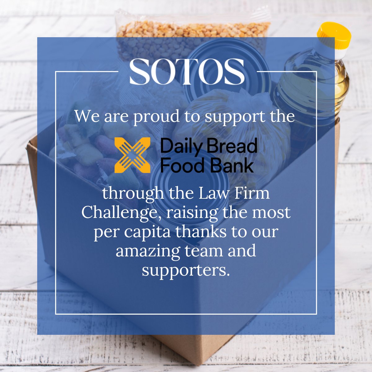 Proud to share that Sotos participated in the Law Firm Challenge, raising the most per capita! Together, the law firms raised $582,928.72 for the Daily Bread Food Bank- enabling 582,000+ meals for those facing food insecurity. Thank you to everyone who made this impact possible!