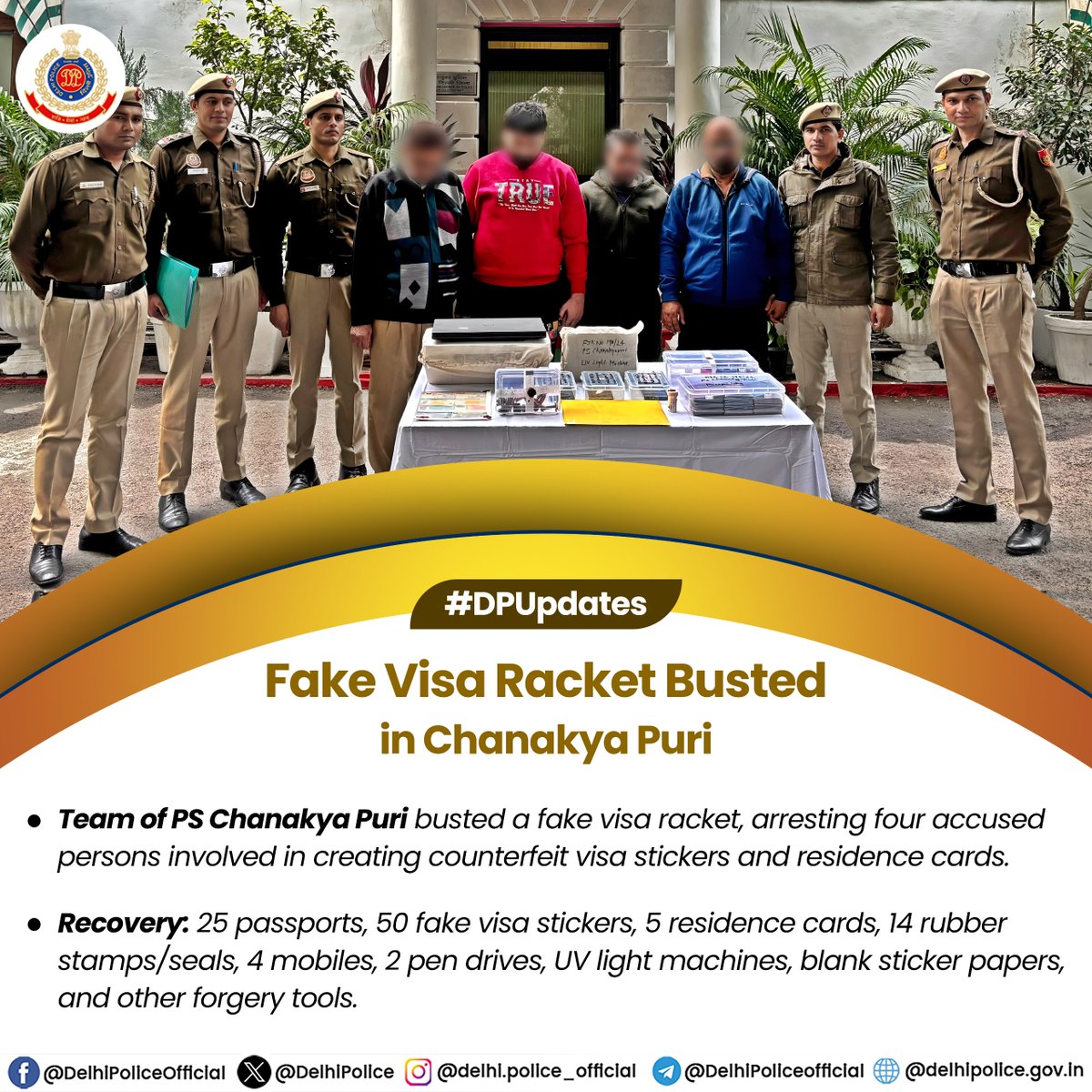 Under the guidance of <a href="/LtGovDelhi/">LG Delhi</a>, team of <a href="/DCPNewDelhi/">DCP New Delhi</a> busted a fake visa racket, arresting 4 accused persons involved in creating counterfeit visa stickers and temporary residence cards for various countries.

#DPUpdates