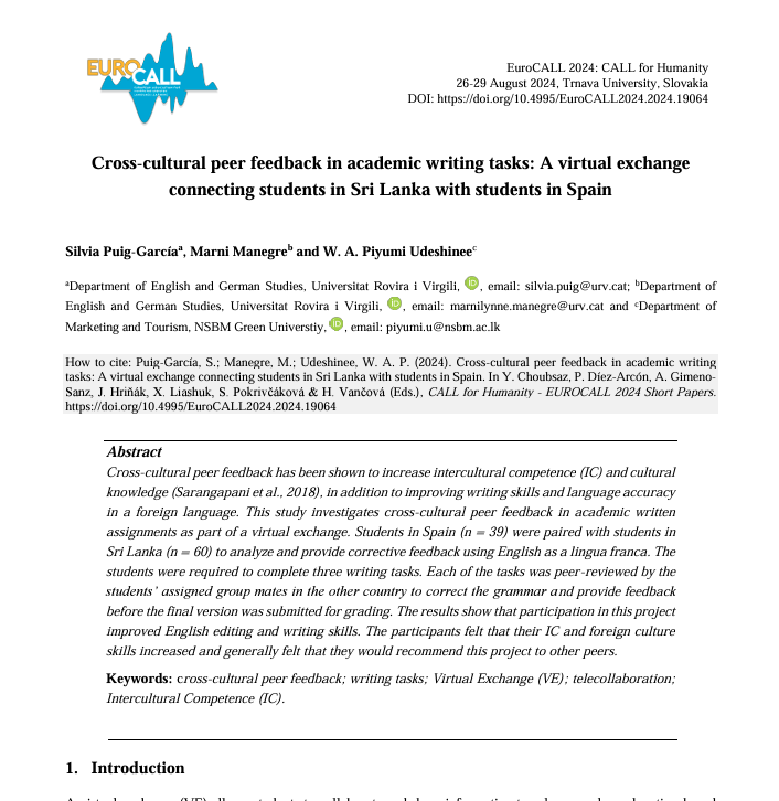 Happy to announce the publication of our EuroCALL 2024 conference paper titled, 'Cross-cultural peer feedback in academic writing tasks' <a href="/SilviaPuig/">Silvia Puig</a> @PiyumiUdeshinee <a href="/englishURV/">English URV</a>  <a href="/Eurocall/">Eurocall</a> ocs.editorial.upv.es/index.php/Euro…