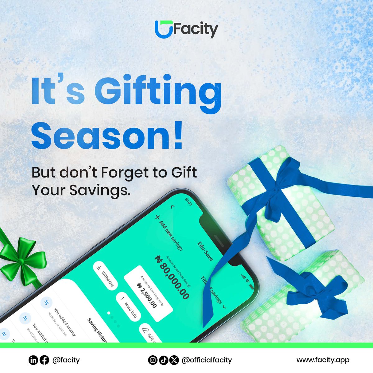 officialfacity's tweet photo. With Facity, saving doesn't have to compete with gifting.
You can enjoy the festivities, treat your loved ones, and still keep your financial goals on track. Smart spending, steady saving, that's the holiday vibe.
Don't forget to gift your savings today!
#SaveWithFacity https://t.co/5ei3NZdsIm