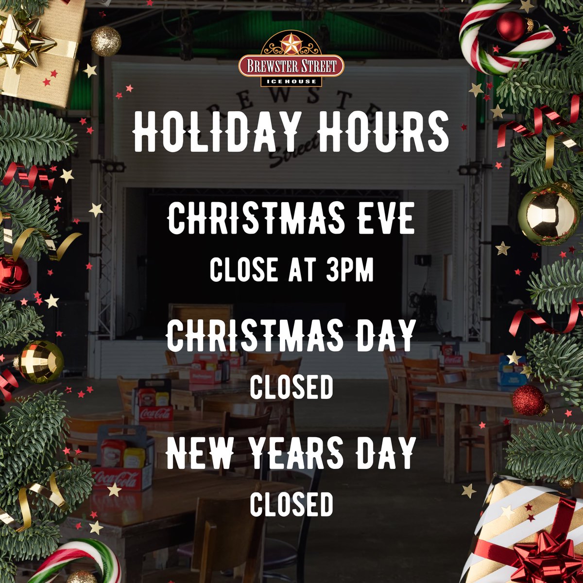Happy Holidays from all of us at Brewster Street Icehouse! 🎄✨ Check out our holiday hours and join us for good food, great company, and holiday cheer. Merry Christmas! ❤️
