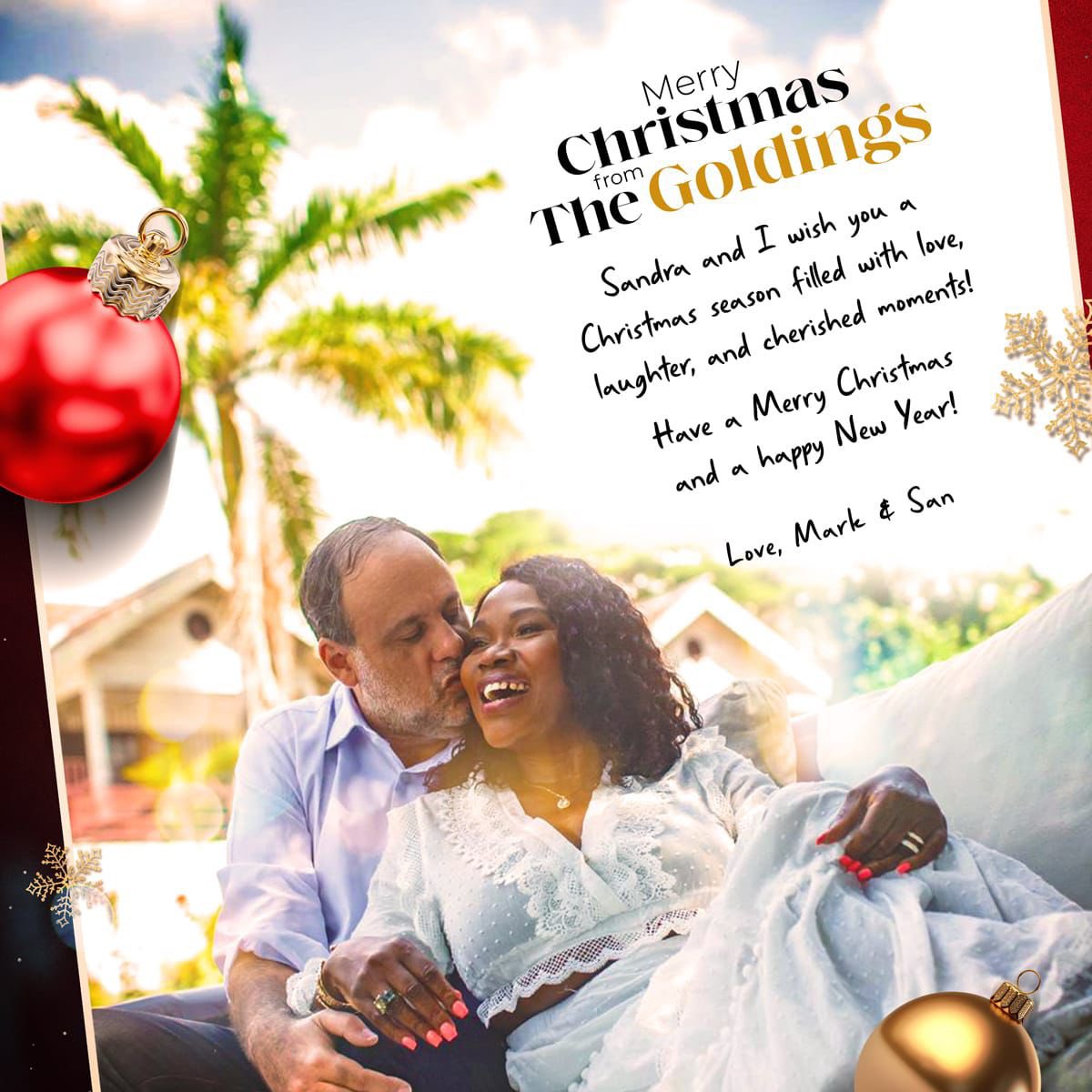 Sandra and I wish you a Christmas season filled with love, laughter, and cherished moments! Have a Merry Christmas and a Happy New Year!

Love,
Mark &amp; San