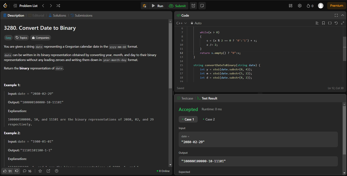 arav_mahind's tweet image. #Day13 of #30daysProductivityChallenge   

-- 📍 Solved string related question  
-- 💻 Leetcode 
     - 3280. Converting Date to Binary   

#100DaysOfCode #buildinpublic #dsa #LeetCode