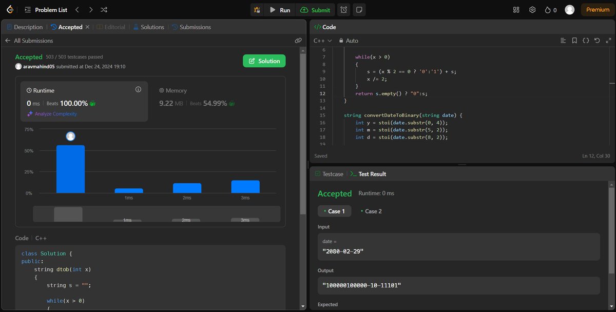 arav_mahind's tweet image. #Day13 of #30daysProductivityChallenge   

-- 📍 Solved string related question  
-- 💻 Leetcode 
     - 3280. Converting Date to Binary   

#100DaysOfCode #buildinpublic #dsa #LeetCode