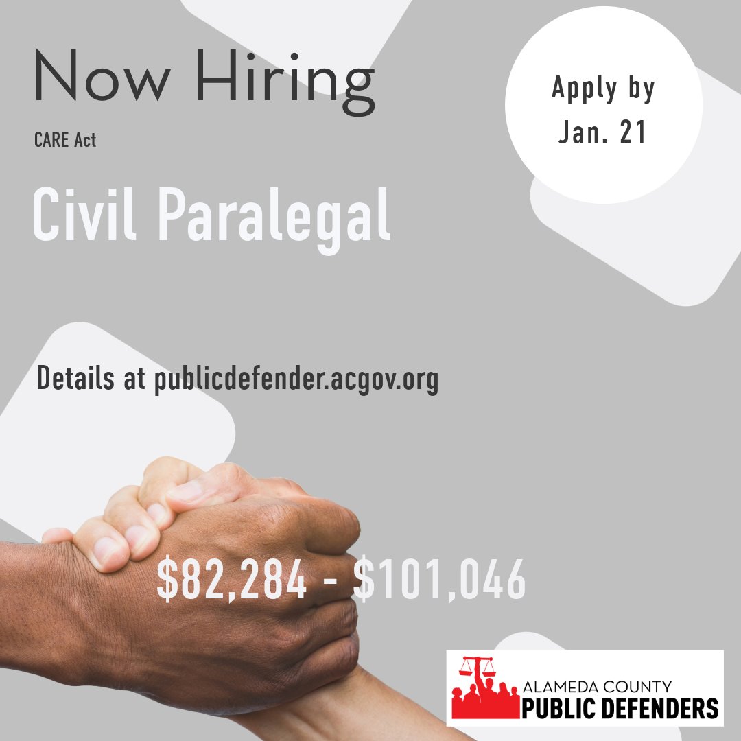 Passionate about justice? 🌟 Join the Alameda County Public Defender’s Office as a Civil Paralegal, supporting clients through CARE Act advocacy. 
💼 $82,284–$101,046/year. 
📅Apply by Jan. 21, 2025: publicdefender.acgov.org 
#ParalegalJobs #LegalAdvocacy #CAREAct #PublicDefense