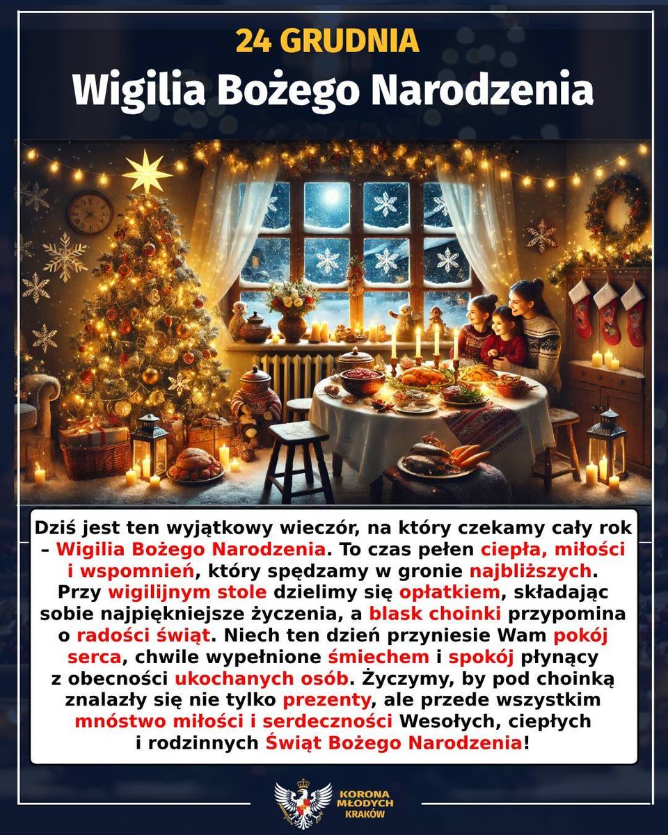 Zatrzymajmy się na chwilę w codziennym biegu. Wigilia to czas refleksji, rodzinnych spotkań i pielęgnowania polskich tradycji. Niech narodziny Chrystusa przyniosą pokój i siłę do walki o lepsze jutro. Wesołych Świąt Bożego Narodzenia!