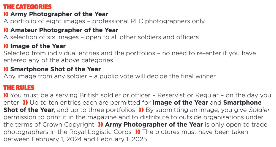 Don’t forget, you have until February 10 to enter the Army Photographic Competition. It’s open to all serving personnel and you don’t have to have pro kit – a smartphone will do! The winners will be featured in our March edition. Send you photos to pics@soldiermagazine.co.uk