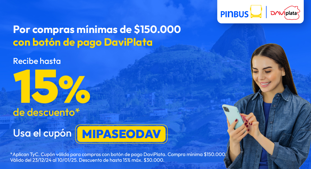🚌🎒 Con DaviPlata y el cupón MIPASEODAV obtén hasta 15% de descuento por compras mín. de $150.000. 📲 Compra tus pasajes de bus en Pinbus.com
*Aplican TyC. tyc.pinbus.com/alianza-davipl…