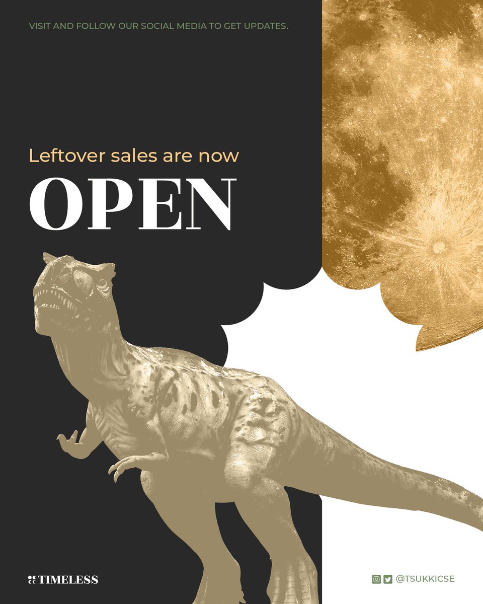 🦖 Leftover Sales are Now Open 🦖 

Tsukki welcomes you back into the museum. Stock is limited so hurry and grab your desired goodies from the gift shop! 

🇵🇭 tsukkicse-local.company.site
🌐 tsukkicse-mail.company.site

#TsukkiCSE2024