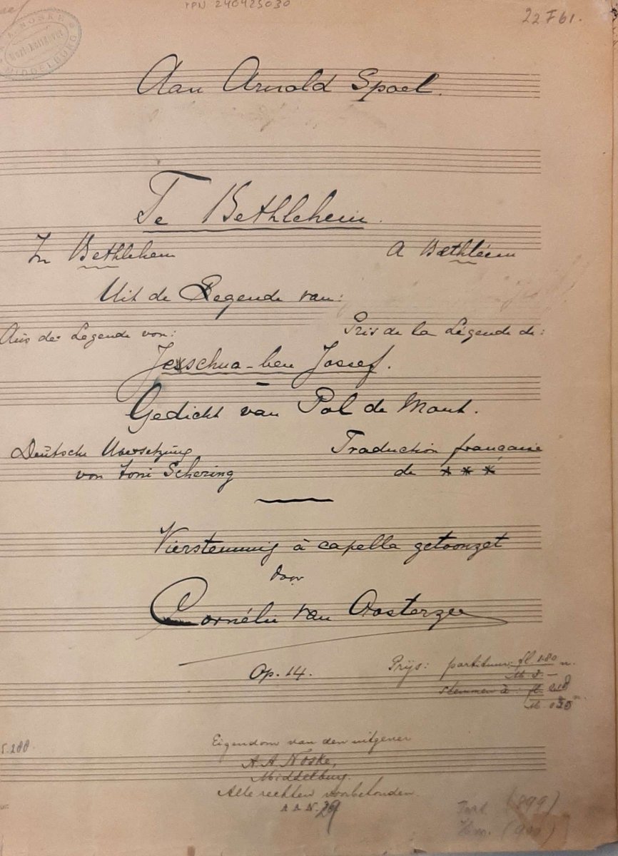 NEDMuz's tweet photo. In 1895 componeerde Cornélie van Oosterzee (1863-1943) het a cappella koorwerk Te Bethlehem. Hier het NMI handschrift voor de uitgave bij A.A.Noske. Wij wensen u fijne feestdagen ! https://t.co/B6ozAk1JIB