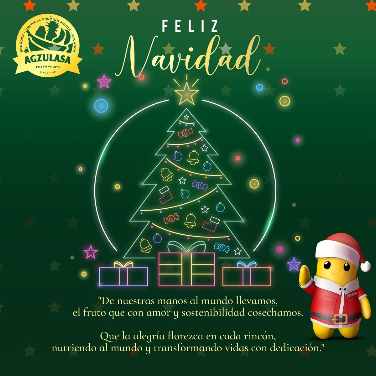 🎅🌟 Que la magia de la Navidad ilumine sus corazones y la alegría florezca en cada rincón. 🎄💚

🎄🍌 Desde Agzulasa, llevamos sostenibilidad y amor al mundo. ¡Felices fiestas! ✨🎁