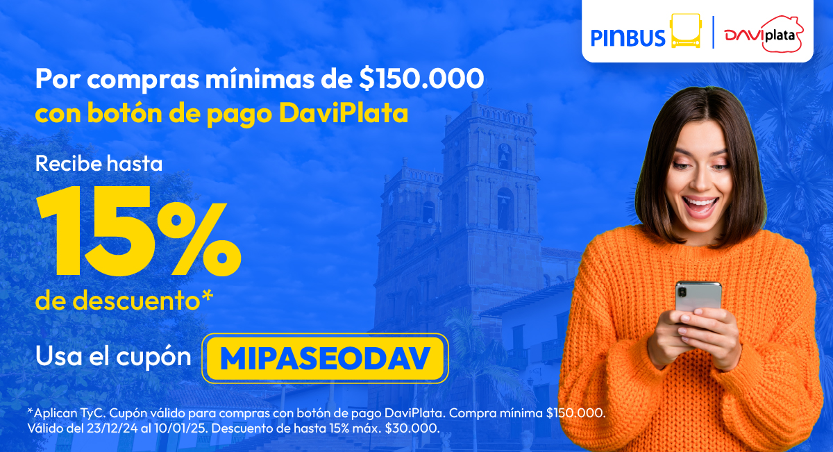 🚍🎯 ¡Viaja con descuento! Paga con botón DaviPlata, usa el cupón MIPASEODAV y obtén hasta 15% de descuento.
📲 Compra tus pasajes de bus en Pinbus.com
*Aplican TyC. tyc.pinbus.com/alianza-davipl…