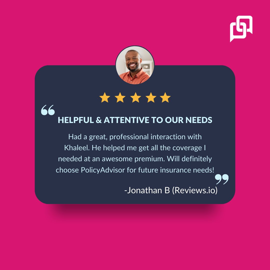policyadvisorhq's tweet image. ⭐⭐⭐⭐⭐ ‘Helpful &amp;amp; Attentive to Our Needs’
Khaleel provided exceptional service, helping Jonathan B. secure the perfect coverage at an amazing premium. At PolicyAdvisor, your needs are our top priority! 💡🛡️ #CustomerSatisfaction #InsuranceExperts #PolicyAdvisorReviews