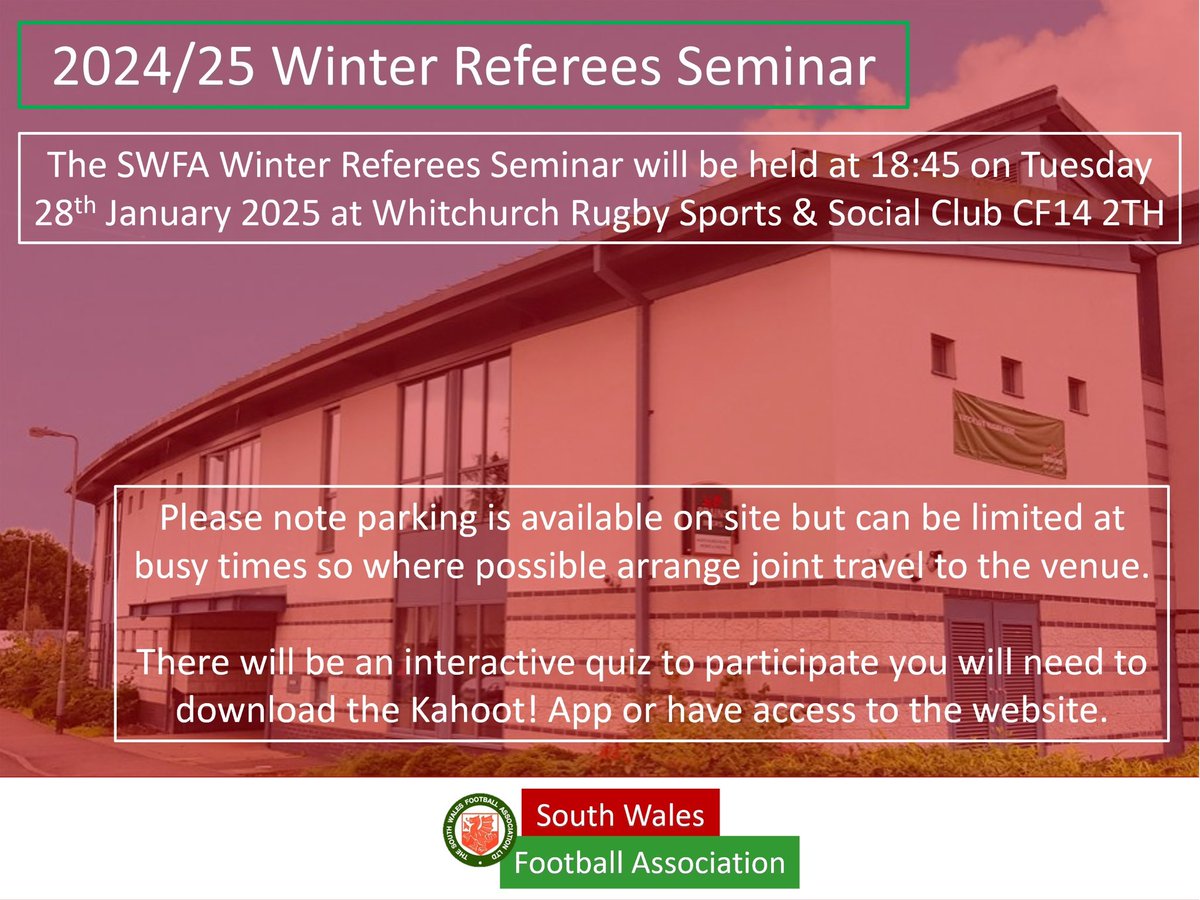 The SWFA Winter Referees Seminar will be held on Tue 28th January 

Please see details below